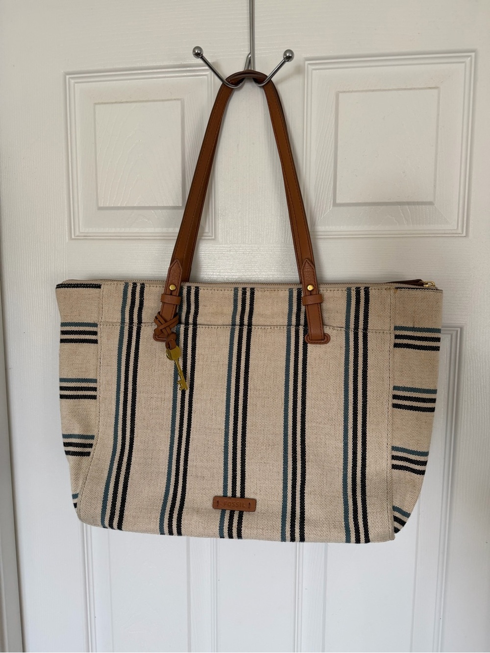 Fossil Striped Canvas Tote with Brown Leather Handles